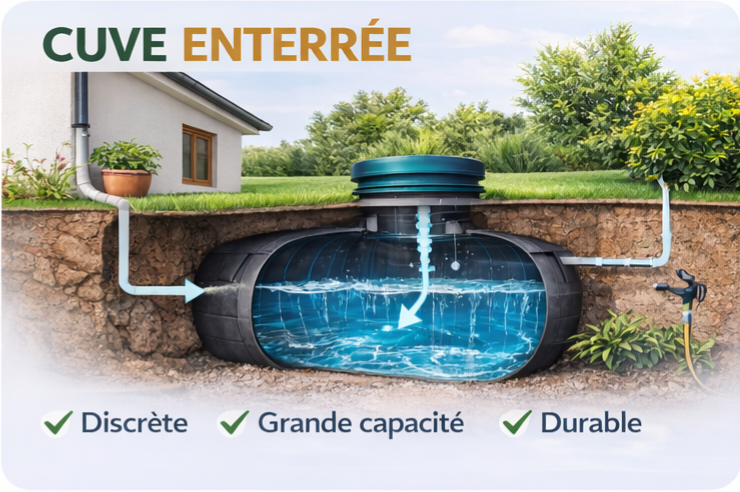 Schéma cuve enterrée récupération eau de pluie ECONOPLUIE